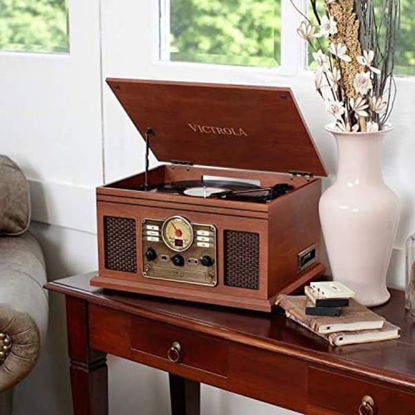 6-i-1 Bluetooth Vinyl skivspelare - VICTROLA - Klassisk - Mahogny - Integrerade stereohögtalare
