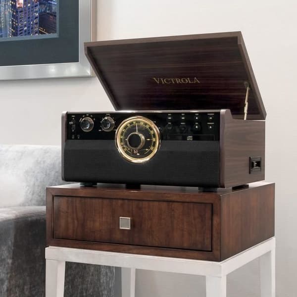 VICTROLA EMPIRE Vinyl skivspelare - 6 i 1 - Espresso - Radio, Kassett, CD, Bluetooth - Svart
