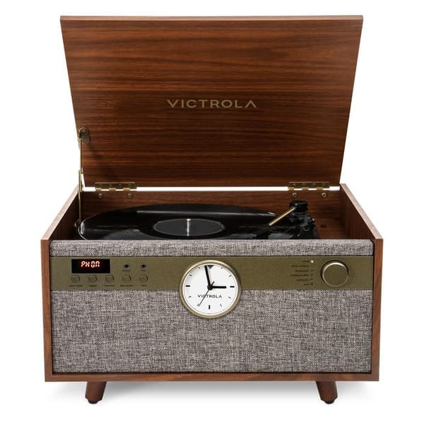 Victrola vinylskivspelare musikscenter 5 i 1 century med klocka valnöt