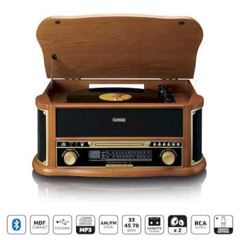 Lenco Retro skivspelare i trä med Bluetooth® AM/FM-radio USB-kodning CD-spelare kassettspelare och inbyggda högtalare