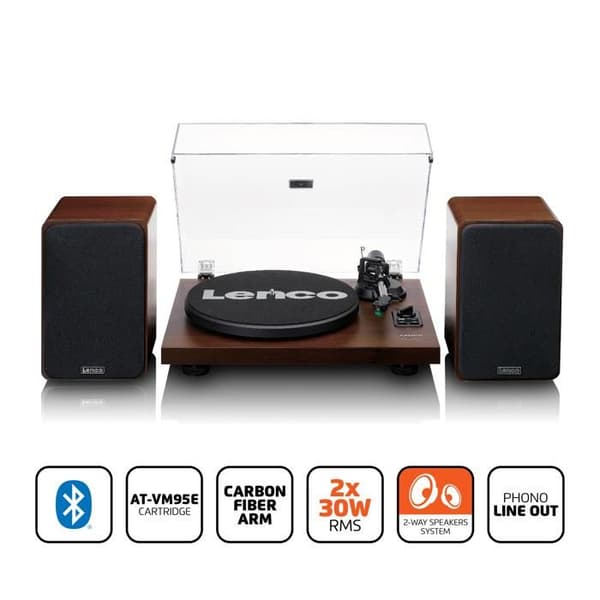 Lenco LS-600WA - Skivspelare med inbyggd förstärkare och Bluetooth® plus 2 externa högtalare - Trä