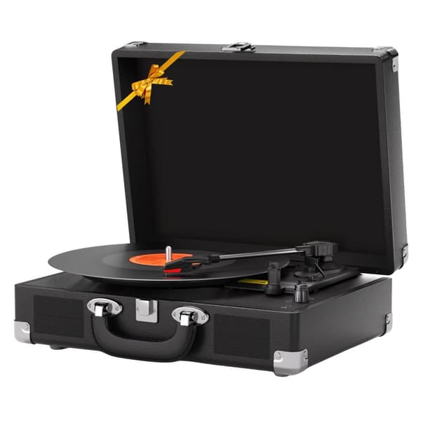 Bärbar vinylspelare, Bluetooth-anslutning, inbyggda stereohögtalare,svart färg
