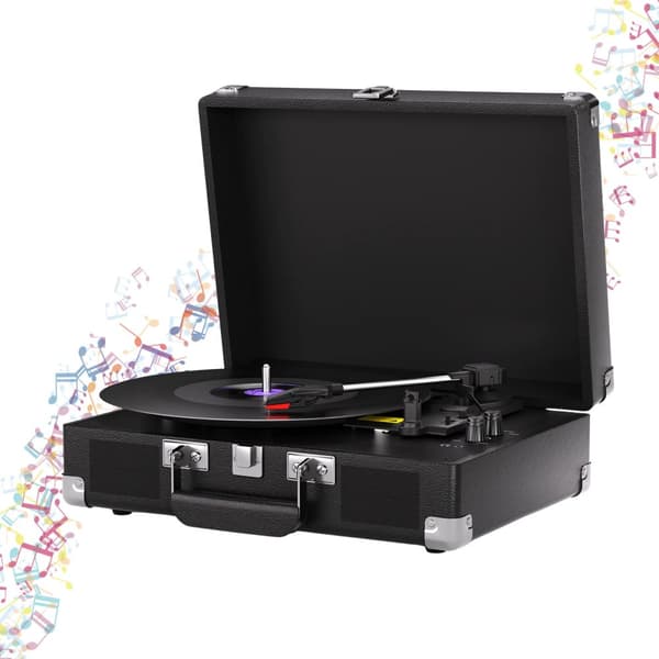 Vinyl Spinner, 3-hastigheder (33/45/78 RPM), 2 indbyggede stereohøjttalere, Bluetooth-forbindelse,sort farve
