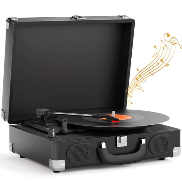 Pladespiller, 3-hastigheder 33/45/78 RPM, 2 indbyggede stereohøjttalere, Bluetooth-forbindelse,sort farve
