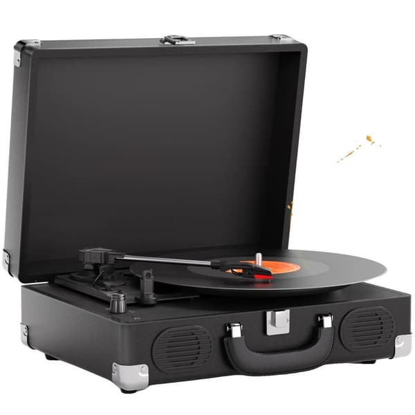Pladespiller, 3-hastigheder 33/45/78 RPM, 2 indbyggede stereohøjttalere, Bluetooth-forbindelse,sort farve