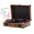 Miniatyrbillede 2 af 2: Vinylspiller, 3-hastigheder 33/45/78 RPM, indbyggede højttalere, hovedtelefonstik,Mørkebrun