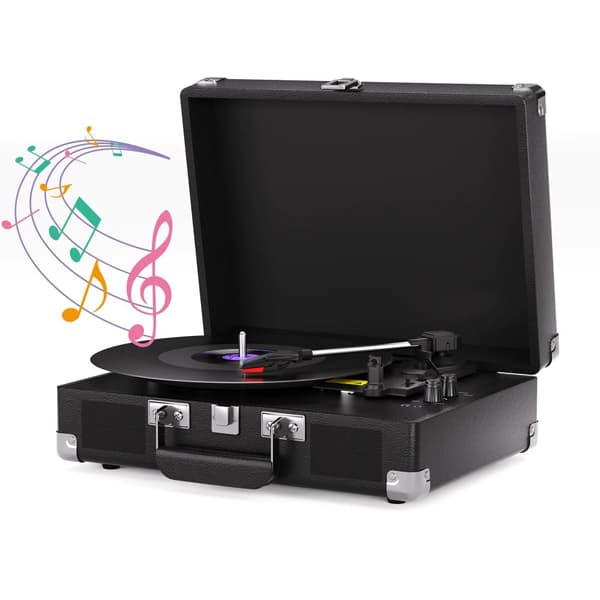 Vinylspiller, 3-hastigheder 33/45/78 RPM, indbyggede højttalere, hovedtelefonstik,sort farve