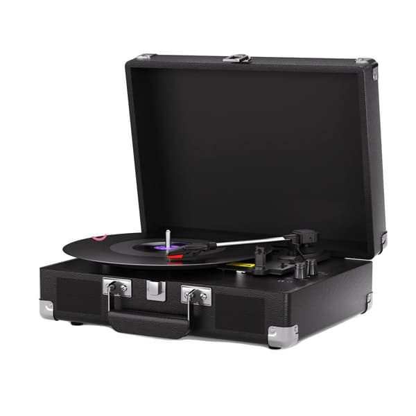 Vinylspiller, 3-hastigheder 33/45/78 RPM, indbyggede højttalere, hovedtelefonstik,sort farve