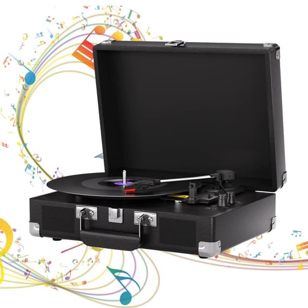 Bärbar vinylspelare, inbyggda högtalare, 3 hastighetsalternativ, Bluetooth-funktionalitet,svart färg