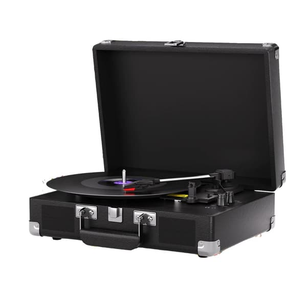 Bärbar vinylspelare, inbyggda högtalare, 3 hastighetsalternativ, Bluetooth-funktionalitet,svart färg
