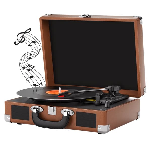 Vinyl Pladespiller, 3 Hastigheder, Indbyggede Bluetooth Højttalere, Anti-Vibrations Teknologi,Mørkebrun