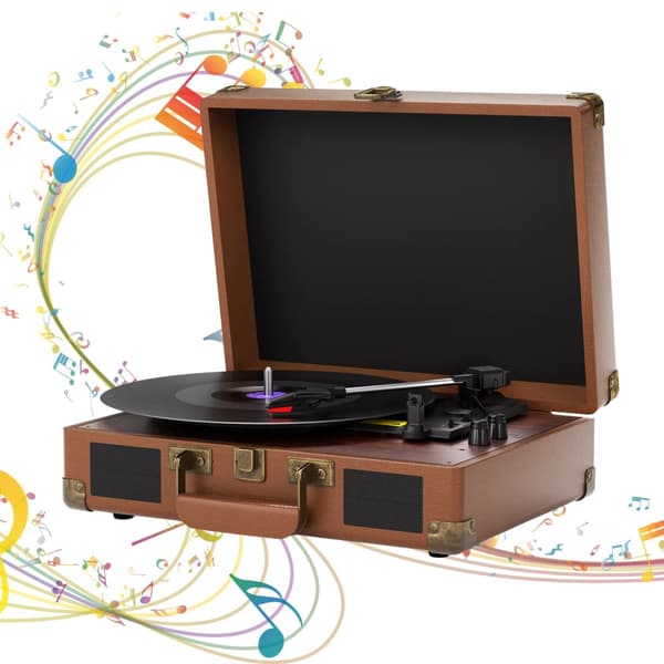 Bärbar vinylspelare, inbyggda högtalare, 3 hastighetsalternativ, Bluetooth-funktionalitet,Mörkbrun