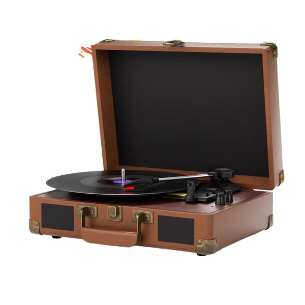 Bärbar vinylspelare, inbyggda högtalare, 3 hastighetsalternativ, Bluetooth-funktionalitet,Mörkbrun