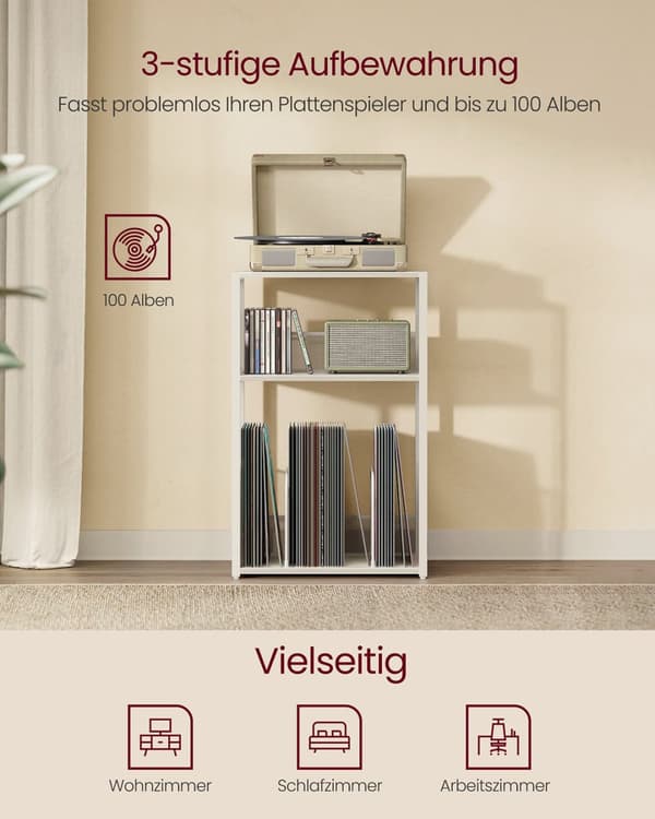 Platenspelerstandaard met 3 niveaus voor maximaal 100 albums, wit