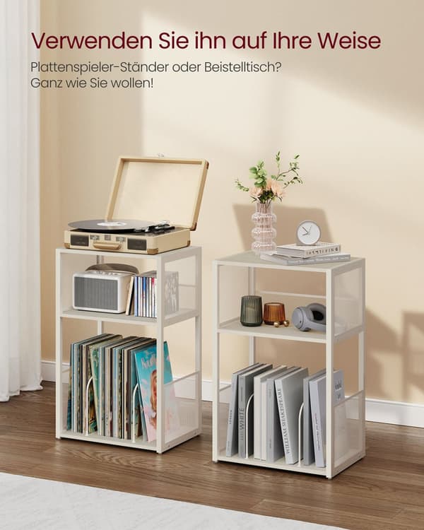 Platenspelerstandaard met 3 niveaus voor maximaal 100 albums, wit