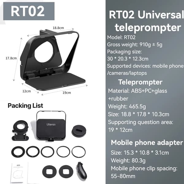 Teleprompter, understøtter mobiltelefon og kamera, inkluderer flere linseadaptere,RT02 Lyskittet