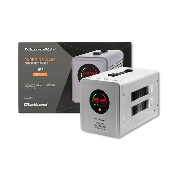 Qoltec 50716 Uafbrydelig strømforsyning Ren sinusbølge UPS | 500VA | 350W | konstant fase | Grå