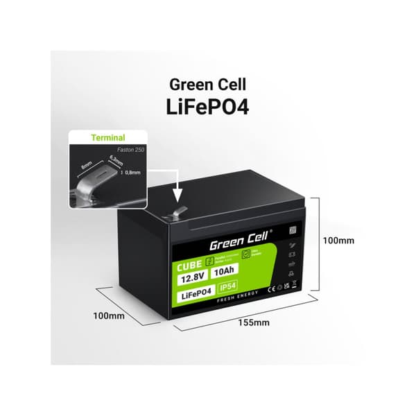 Batteri til System til Uafbrydelig Strømforsyning Green Cell LFPGC12V10AH 10 Ah