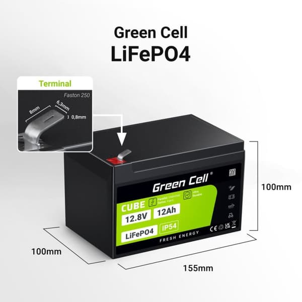 Batteri til System til Uafbrydelig Strømforsyning Green Cell LFPGC12V12AH 12 Ah