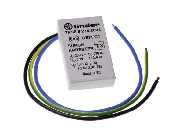 Finder 7P.36.8.275.2003 7P.36.8.275.2003 Ylijännitesuojaus uppoasennukseen Ylijännitesuojaus seuraaville: Liitäntärasiat 3 kA 1 kpl 1 kpl