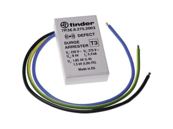 Finder 7P.36.8.275.2003 7P.36.8.275.2003 Ylijännitesuojaus uppoasennukseen Ylijännitesuojaus seuraaville: Liitäntärasiat 3 kA 1 kpl 1 kpl