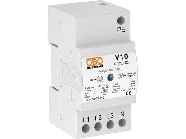 Obo Bettermann V10 COMPACT 255, 230 V, 50 - 60 Hz, 60000 A, 1100 V, Hvit, 0,000025 ms