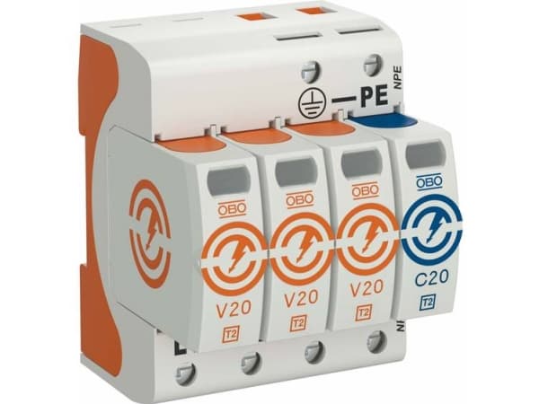 Obo Bettermann V20-3+NPE-280, 230 V, 60000 A, 1300 V, Oransje, Hvit, Plast, 458 g