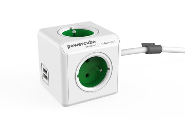 Allocacoc PowerCube extended usb - Kraftdistributionsenhet - AC 250 V - utgångskontakter: 4 (USB, Typ E) - 1.5 m sladd - hattgrön