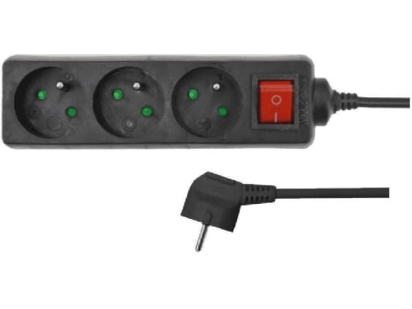 AWTools household extension cord black 3 sockets 5.0m with grounding, switch (AW24687)