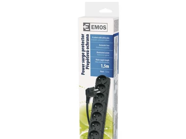 Emos P53899, 8 AC-utgångar, 250 V, 50 hz, Svart, 1,5 m, 1 styck