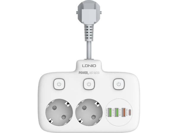 Strømskinne med 2 AC-uttak, 3x USB, USB-C, LDNIO SE2435, 2500W (hvit)