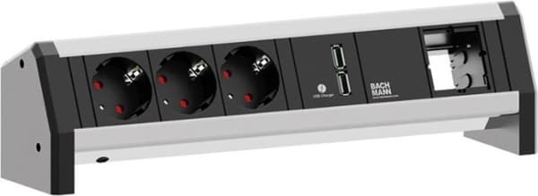 Bachmann 902.0253" Tilslutningspanelsæt til skrivebordsbord, 3x beskyttelseskontakt, 1x USB-oplader, 1x ABD GST18 aluminium/sort