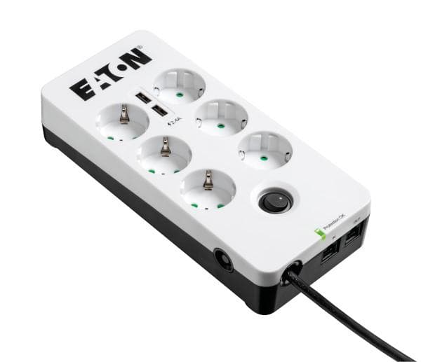 Eaton Protection Box 6 Tel@ USB DIN - liitäntälista ylijännitesuojalla (6-suuntainen Schuko-liitin, kytkettävä, puhelinsuoja ja USB-lähdöt) - valkoine
