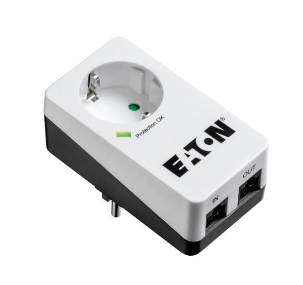 Eaton Protection Box 1 TEL@ DIN - Pistorasiaadapteri ylijännitesuojalla (Schuko-pistoke, puhelinsuoja) - valkoinen (PB1TD)