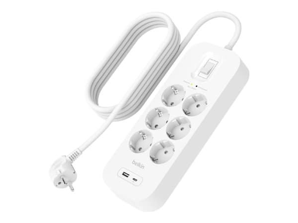 Belkin Connect - Overspenningsavleder - med USB-C- og USB-A-porter - utgangskontakter: 6 - 2 m kabel