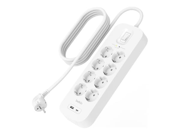 Belkin Connect - Overspenningsavleder - med USB-C- og USB-A-porter - utgangskontakter: 8 - 2 m kabel