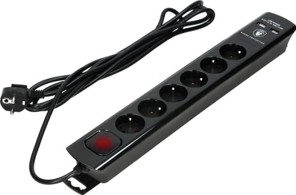Orno Överspänningsskydd, 6 uttag 2P + Z, 3x1,0 mm?Kabel, 3m lång, svart, 10A / 230 VAC, med överspänningsskydd - typ 3, 2xUSB 2.1A laddare.