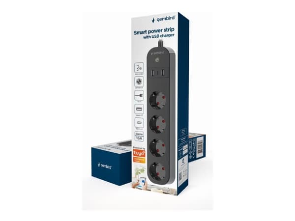 Gembird TSL-PS-S4U-01 - Smart strømstripe - AC 230 V - 3680 watt - Wi-Fi - inngang: type F - utgangskontakter: 4 (type F, 2 x USB, 24 pin USB-C) - 1.