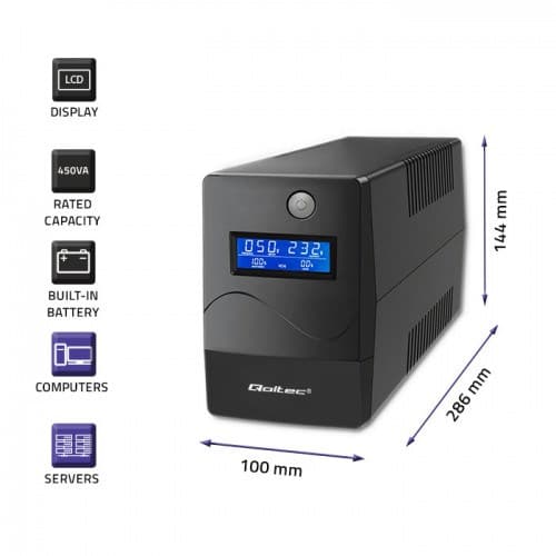 Qoltec Monolith -keskeytymätön virtalähde (UPS) Kaksoismuunnos (online) 0,85 kVA 480 W 2 AC-pistorasiaa