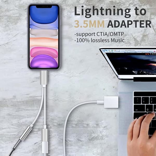 Silver Lightning-adapter, lading og 3,5 mm samtidig Y-kabel
