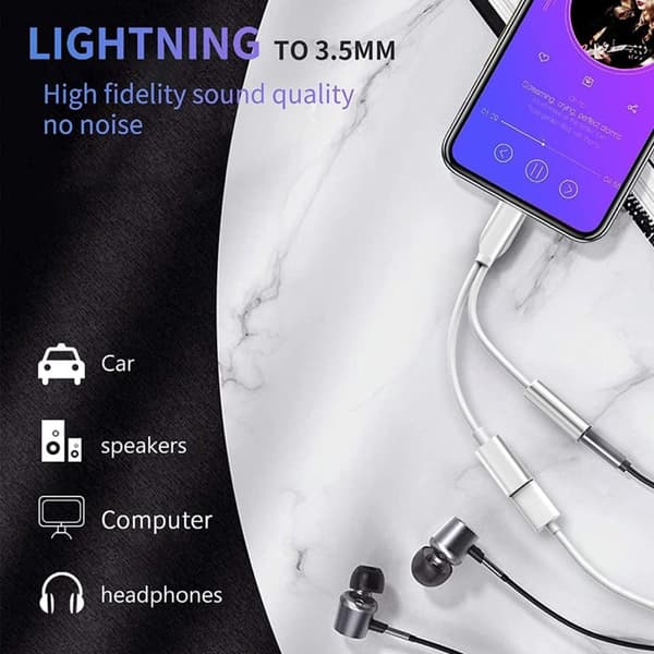 Silver Lightning-adapter, lading og 3,5 mm samtidig Y-kabel
