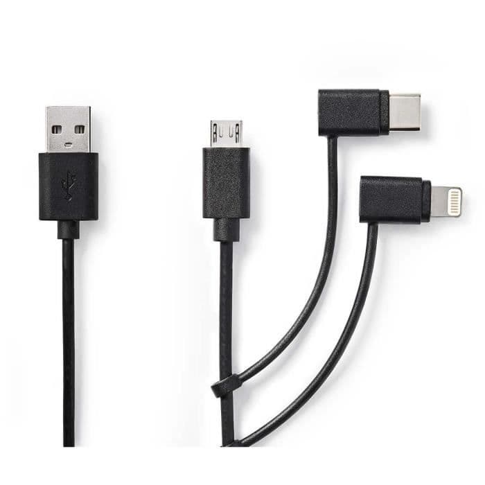 NEDIS 3-i-1 synkroniserings- og opladningskabel - USB A han - Micro B han / Type-C han / 8-polet lyn - 1,0 m - Sort