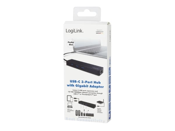 LogiLink UA0313, USB 3.2 Gen 1 (3.1 Gen 1) Type-C, Svart, RJ-45, USB 3.2 Gen 1 (3.1 Gen 1) Type-A, 319 mm, 29 mm, 15 mm