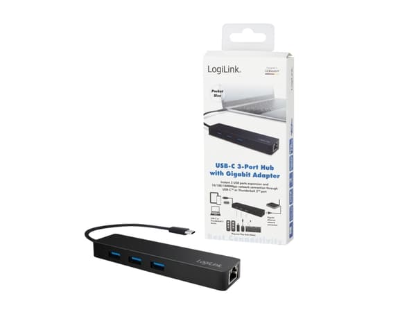 LogiLink UA0313, USB 3.2 Gen 1 (3.1 Gen 1) Type-C, Svart, RJ-45, USB 3.2 Gen 1 (3.1 Gen 1) Type-A, 319 mm, 29 mm, 15 mm