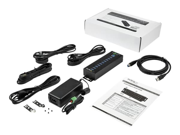 StarTech.com USB 3.0-hubb med 10 portar och nätadapter - Industriell USB-A-hubb i metall med ESD- och 350 W överspänningsskydd - Monterbar på DIN-ske