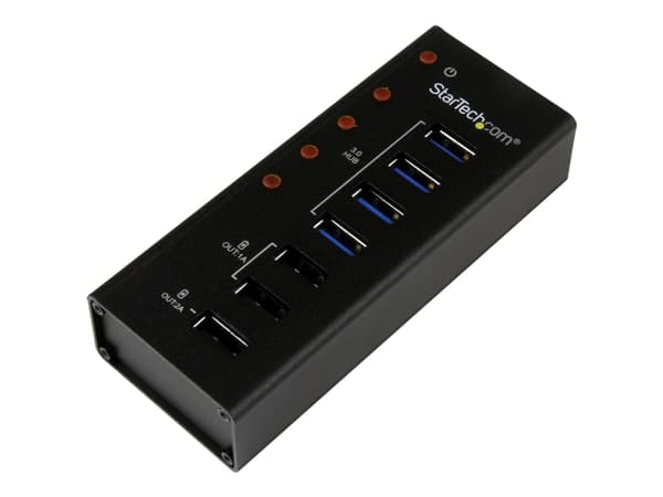 StarTech.com USB 3.0-hubb med 4 portar plus 3 dedicerade USB-laddningsportar (2x 1A & 1x 2A) – väggmonterbart metallhölje - Hubb - 4 x SuperSpeed USB