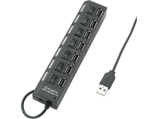 Renkforce 7-ports USB 2.0-hub, individuelt byttebar med statuslysdioder Sort - Hub - 7-Port, USB 2.0, USB 2.0, 480 Mbit/s, sortering, status, 0,53 m