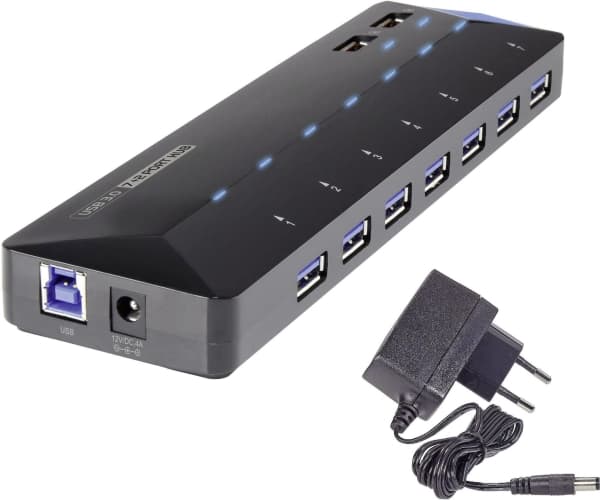 Renkforce RF-3806034, USB 3.2 Gen 1 (3.1 Gen 1) Type-B, USB 3.2 Gen 1 (3.1 Gen 1) Type-A, 5000 Mbit/s, Musta, AC, 12 V
