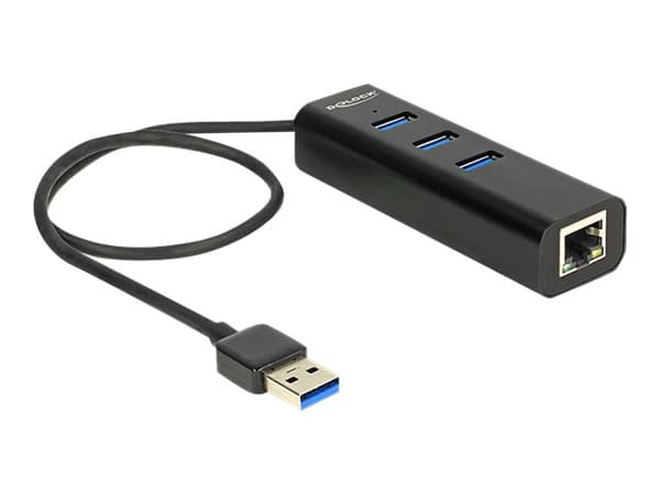 DeLock USB 3.0 Hub 3 Port + 1 Port Gigabit LAN 10/100/1000 Mb/s - Hub - 3 x SuperSpeed USB 3.0 + 1 x 10/100/1000 - skrivbord