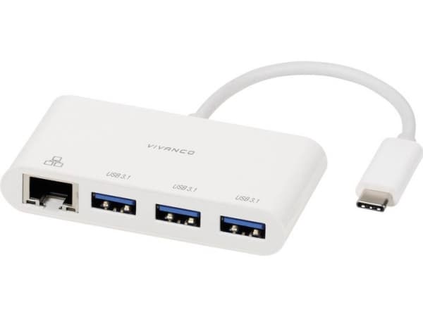 Vivanco CC UC UA3RJ45, USB 3.2 Gen 1 (3.1 Gen 1) Type-C, Vit, RJ-45, USB 3.2 Gen 1 (3.1 Gen 1) Type-A, 0,9 A, Windows 10, Windows 7, Windows 8, Windo
